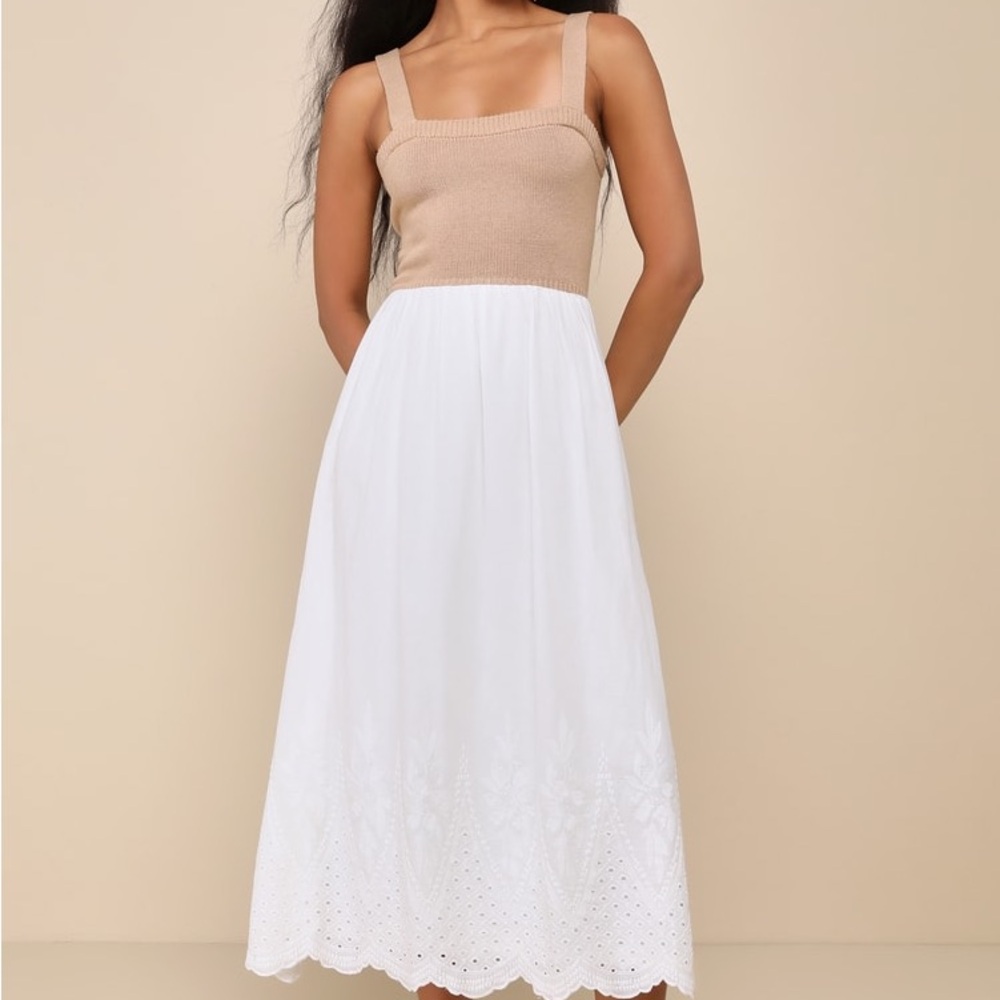 Lulus Tan and White Midi Dress